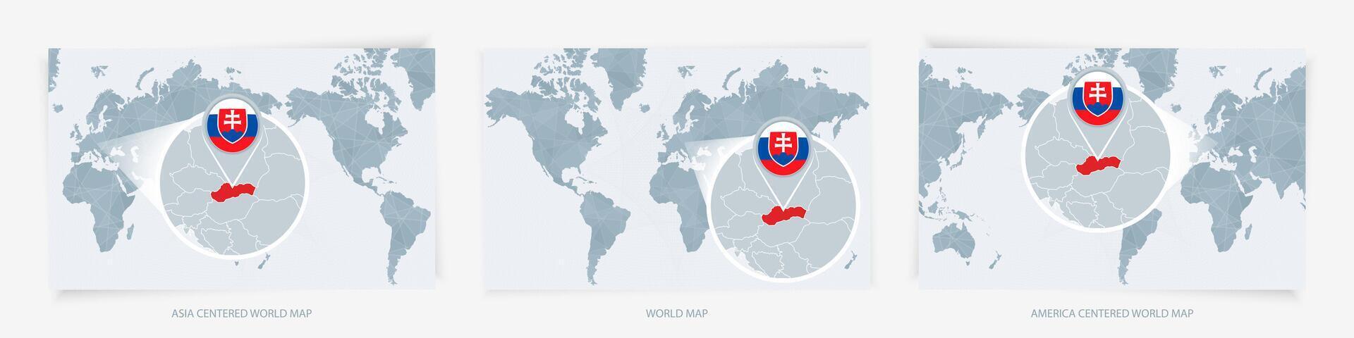Three versions of the World Map with the enlarged map of Slovakia with flag. vector