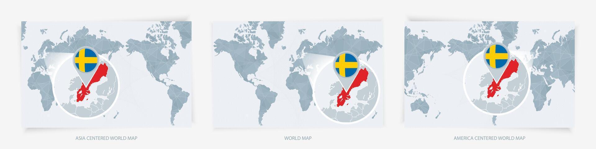 Three versions of the World Map with the enlarged map of Sweden with flag. vector