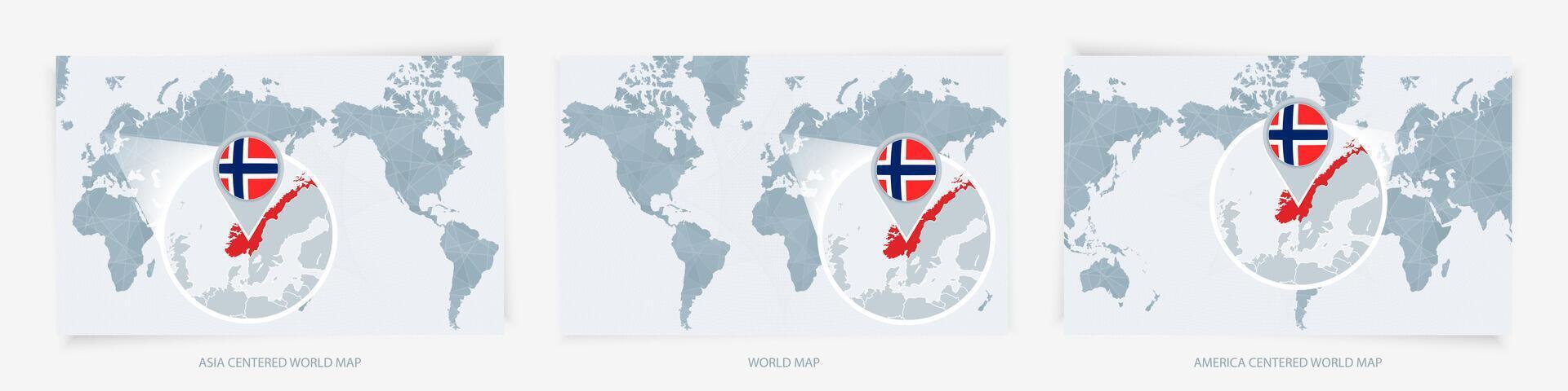 Three versions of the World Map with the enlarged map of Norway with flag. vector