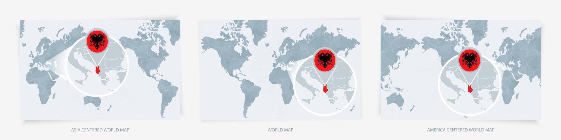 Three versions of the World Map with the enlarged map of Albania with flag. vector
