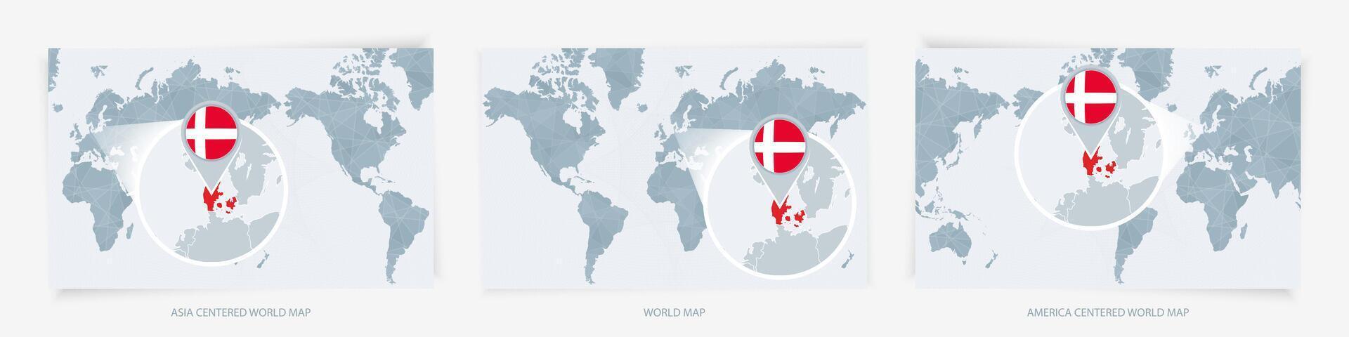 Three versions of the World Map with the enlarged map of Denmark with flag. vector