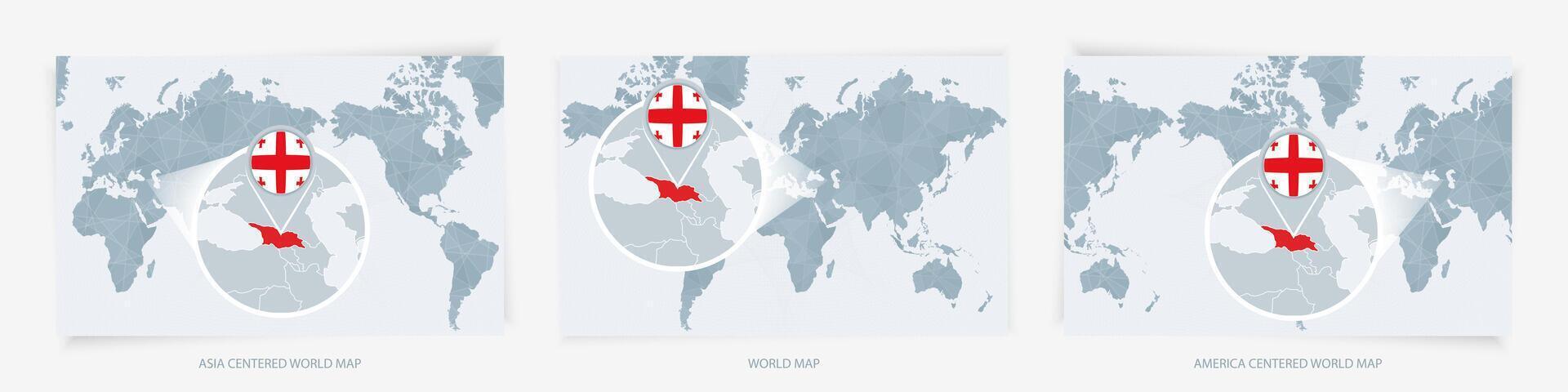 Three versions of the World Map with the enlarged map of Georgia with flag. vector