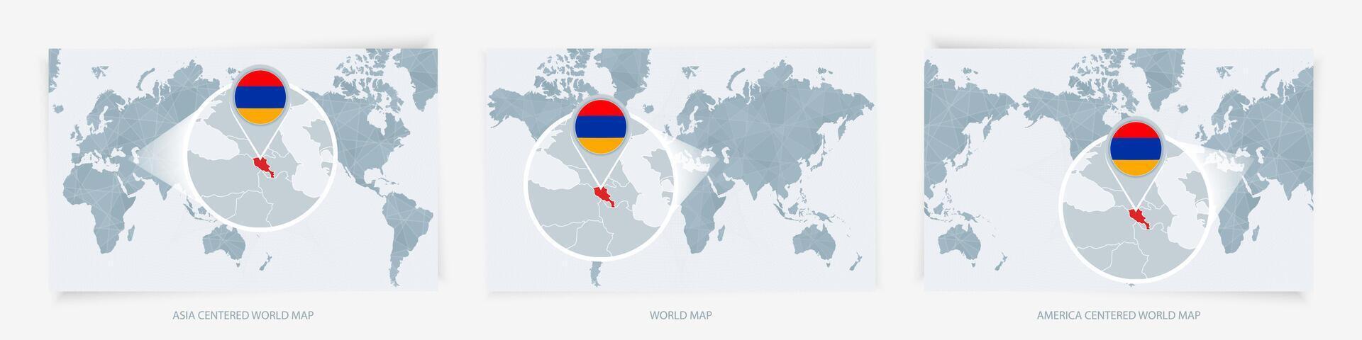 Three versions of the World Map with the enlarged map of Armenia with flag. vector