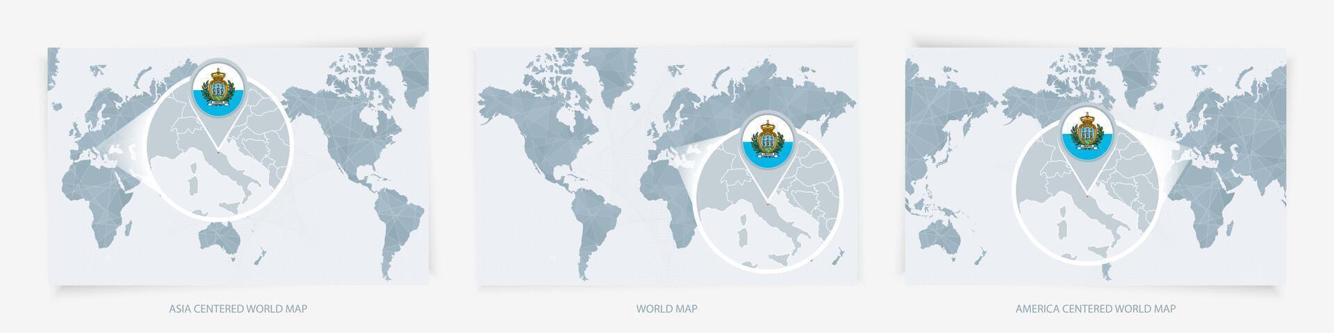 Three versions of the World Map with the enlarged map of San Marino with flag. vector