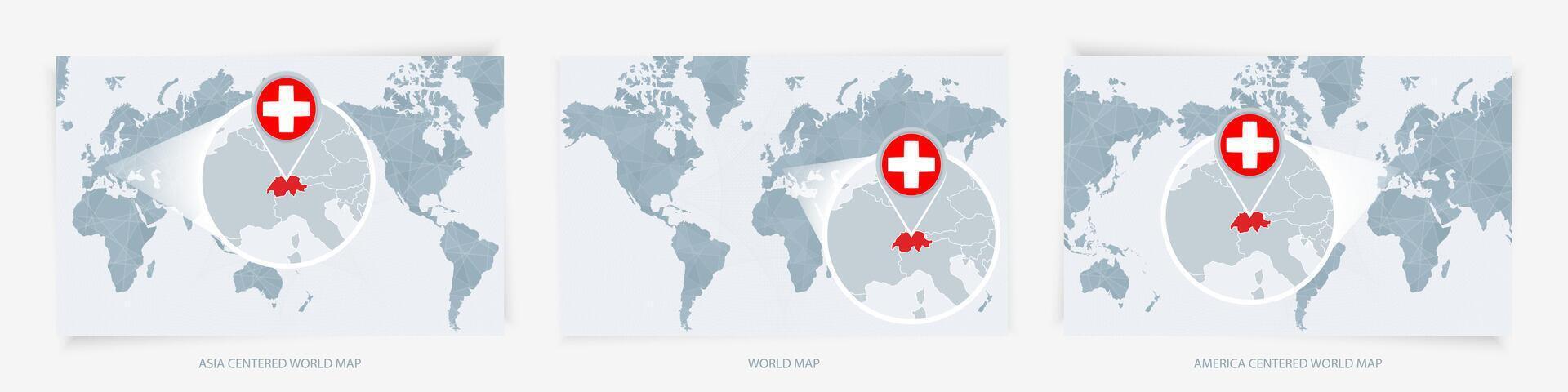 Three versions of the World Map with the enlarged map of Switzerland with flag. vector