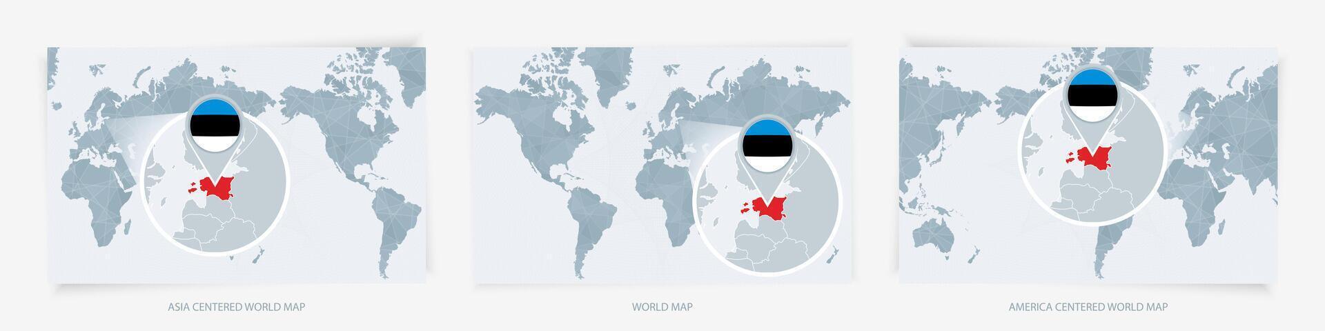 Three versions of the World Map with the enlarged map of Estonia with flag. vector
