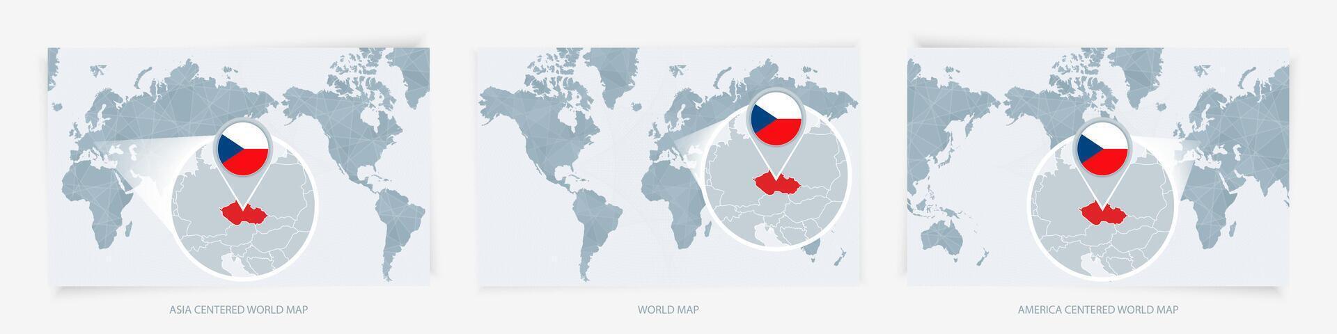 Three versions of the World Map with the enlarged map of Czech Republic with flag. vector