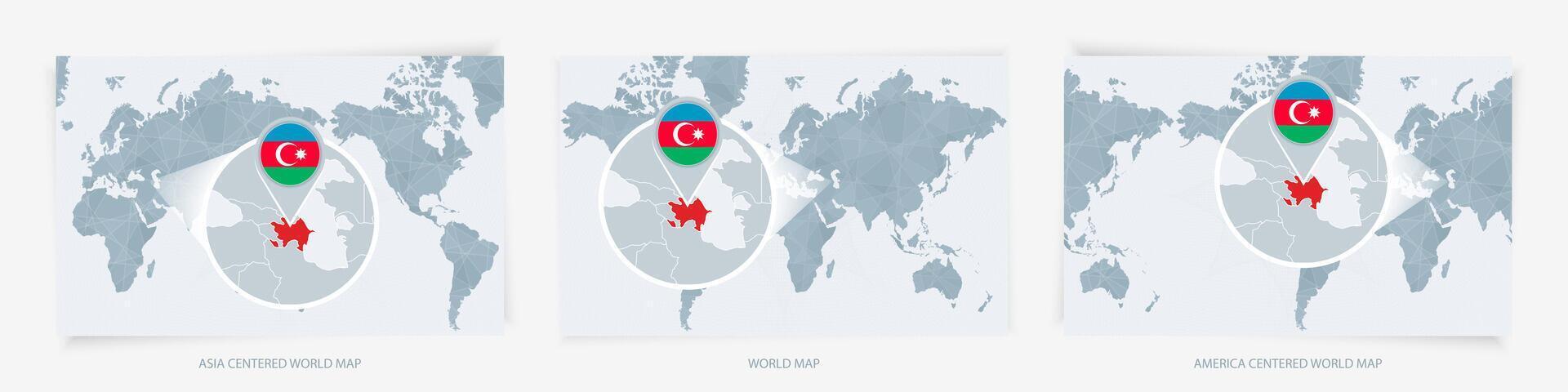 Three versions of the World Map with the enlarged map of Azerbaijan with flag. vector