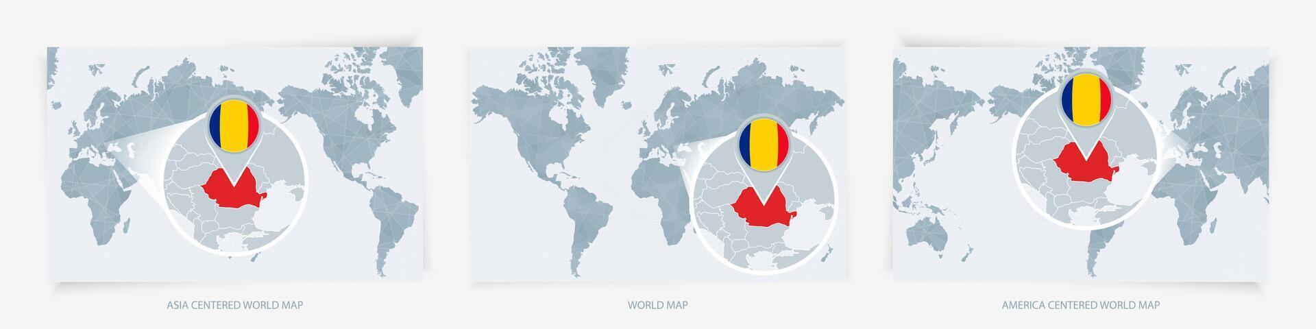 Three versions of the World Map with the enlarged map of Romania with flag. vector
