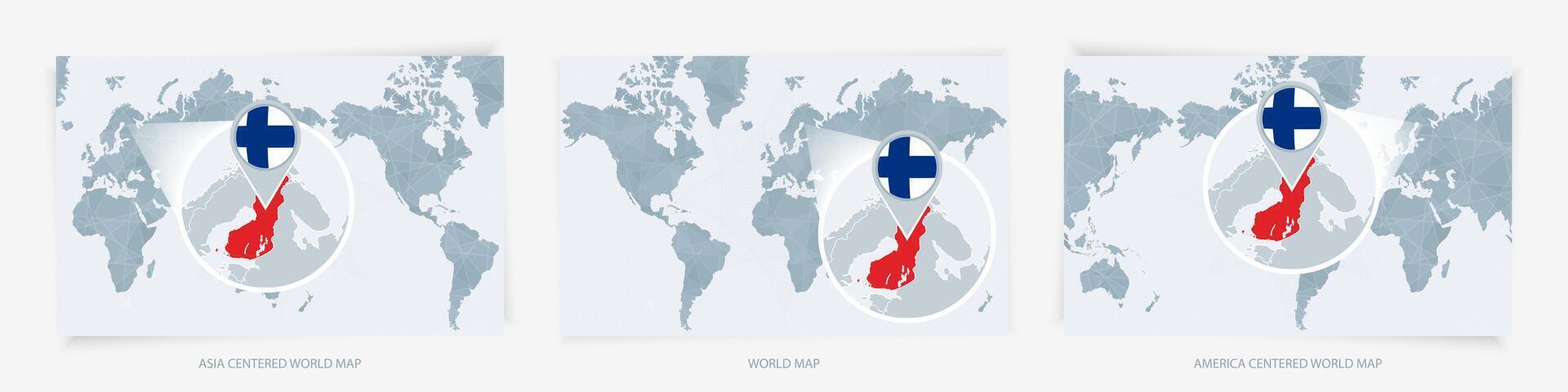 Three versions of the World Map with the enlarged map of Finland with flag. vector