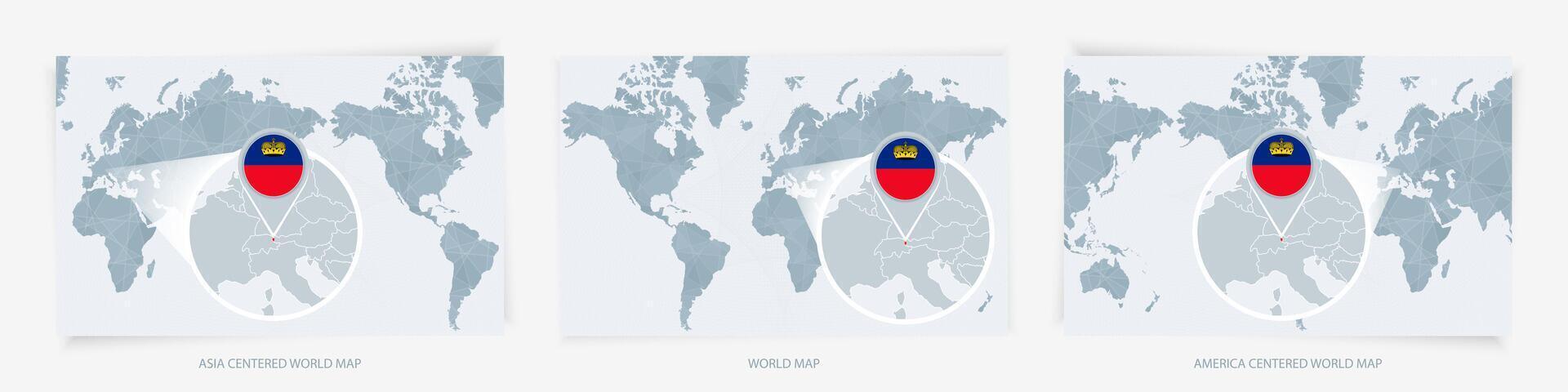 Three versions of the World Map with the enlarged map of Liechtenstein with flag. vector
