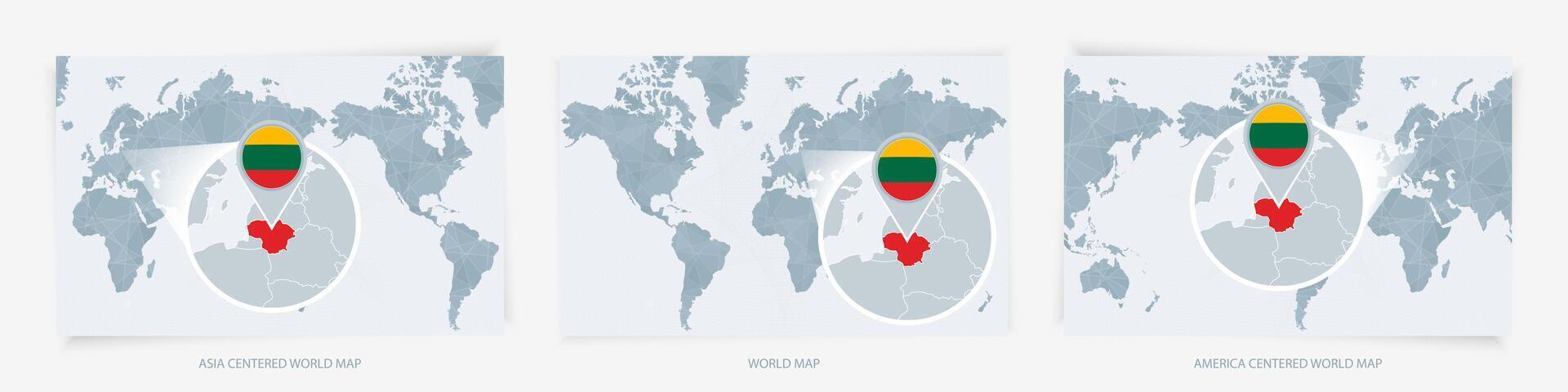 Three versions of the World Map with the enlarged map of Lithuania with flag. vector