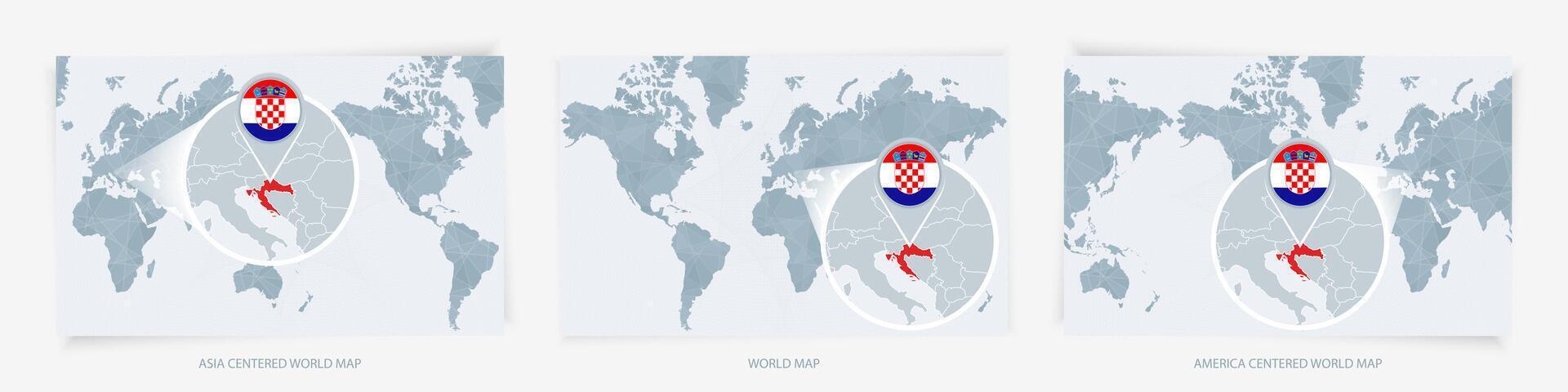 Three versions of the World Map with the enlarged map of Croatia with flag. vector
