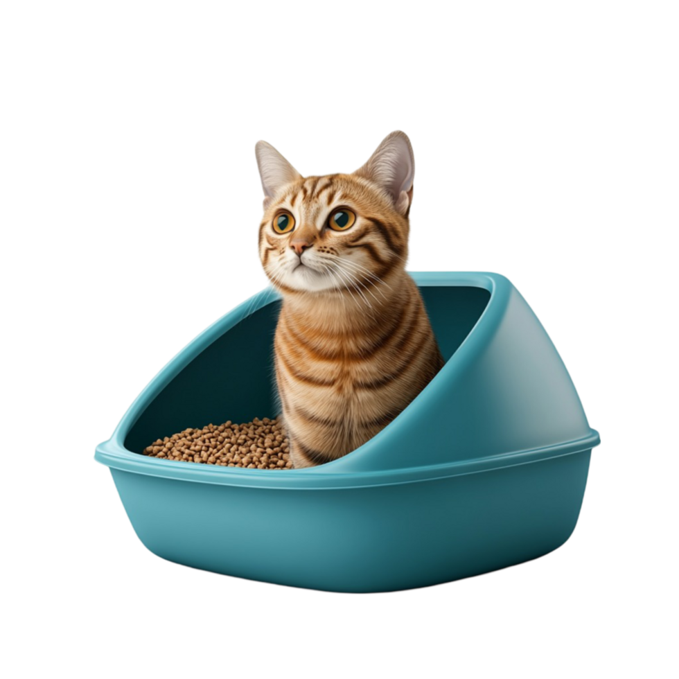 Cat in Blue Litter Box on Transparent Background png