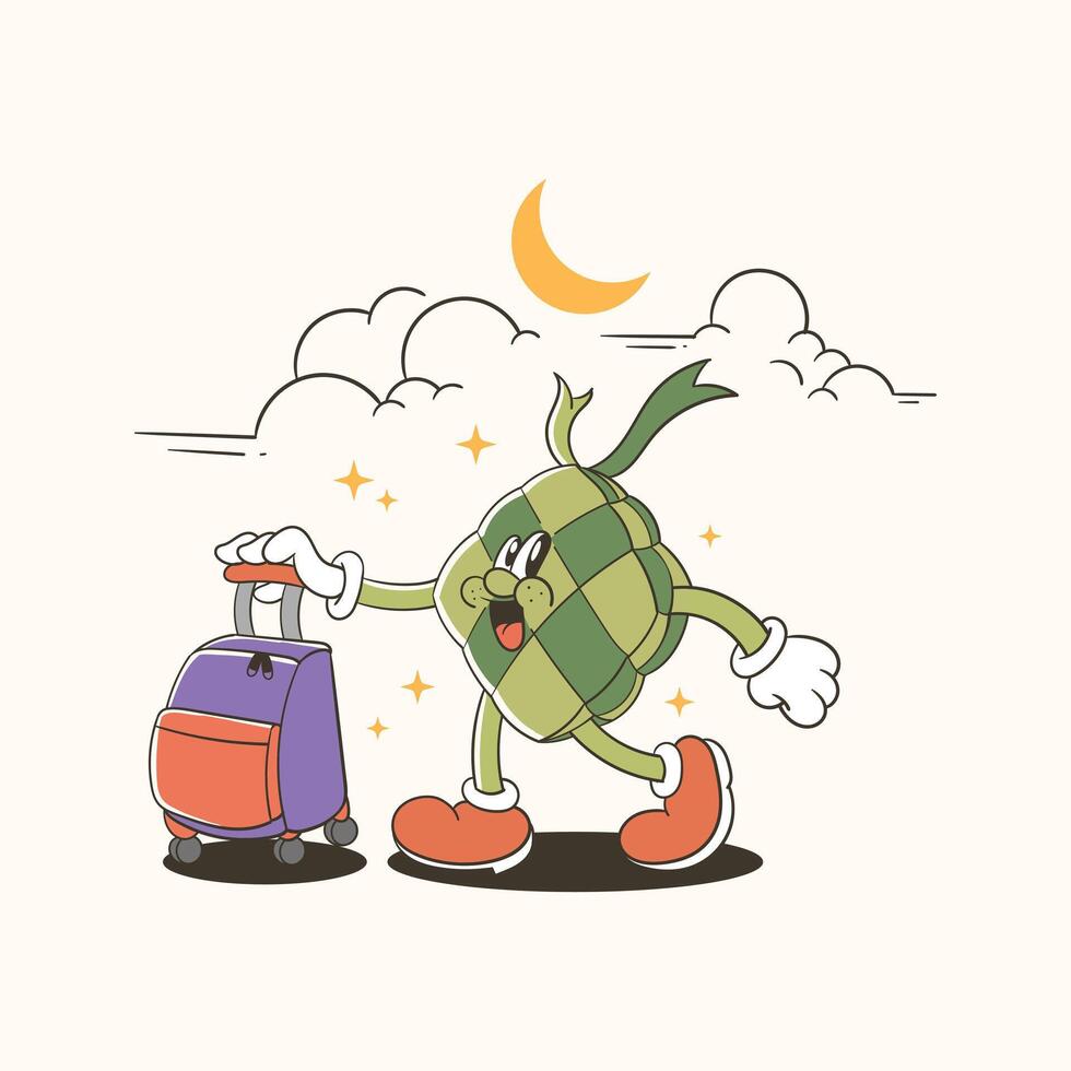 illustration of a ketupat cartoon character carrying a suitcase vector