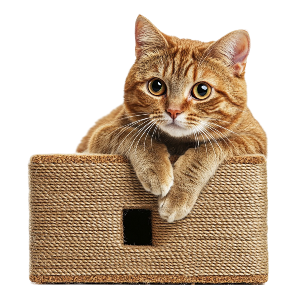 Orange Cat Resting on Sisal Scratcher Box png