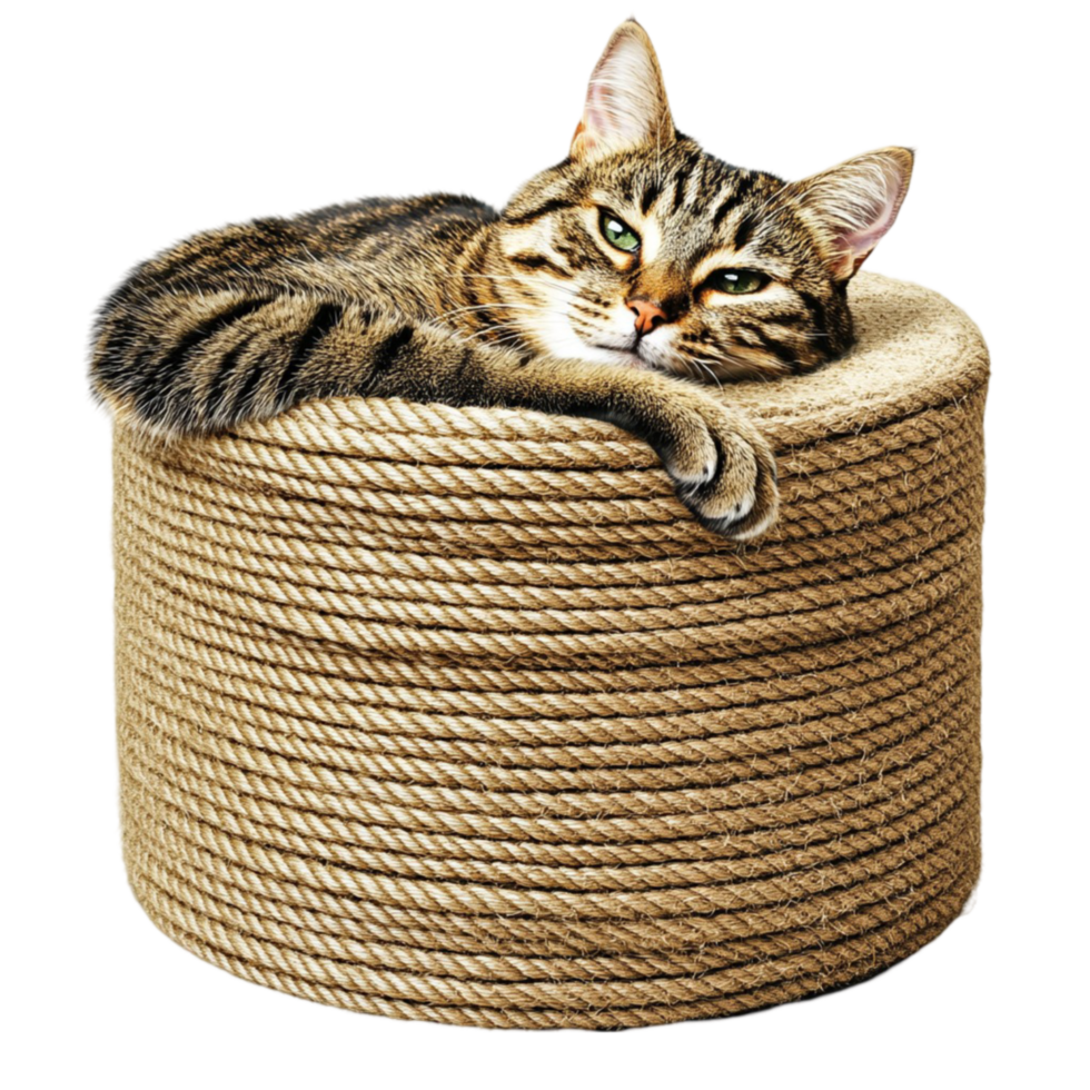 Cat Relaxing on Top of a Rope Basket png