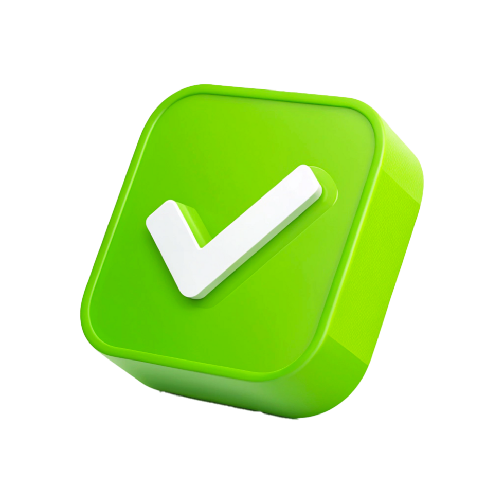 3D Green Square Icon with White Checkmark Glossy Finish Minimalist UI Element png