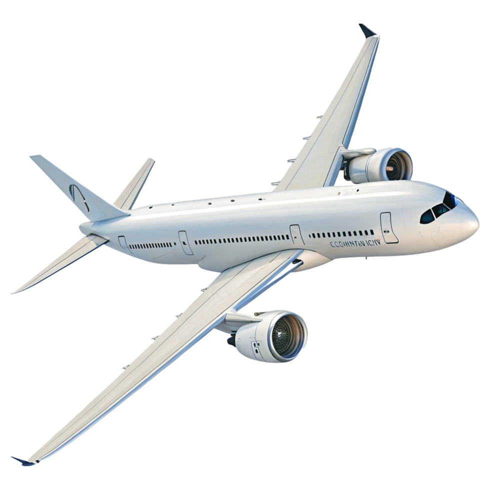 Modern Commercial Jet Airliner Side View with White Fuselage and Twin Engines in Blue Sky Background png