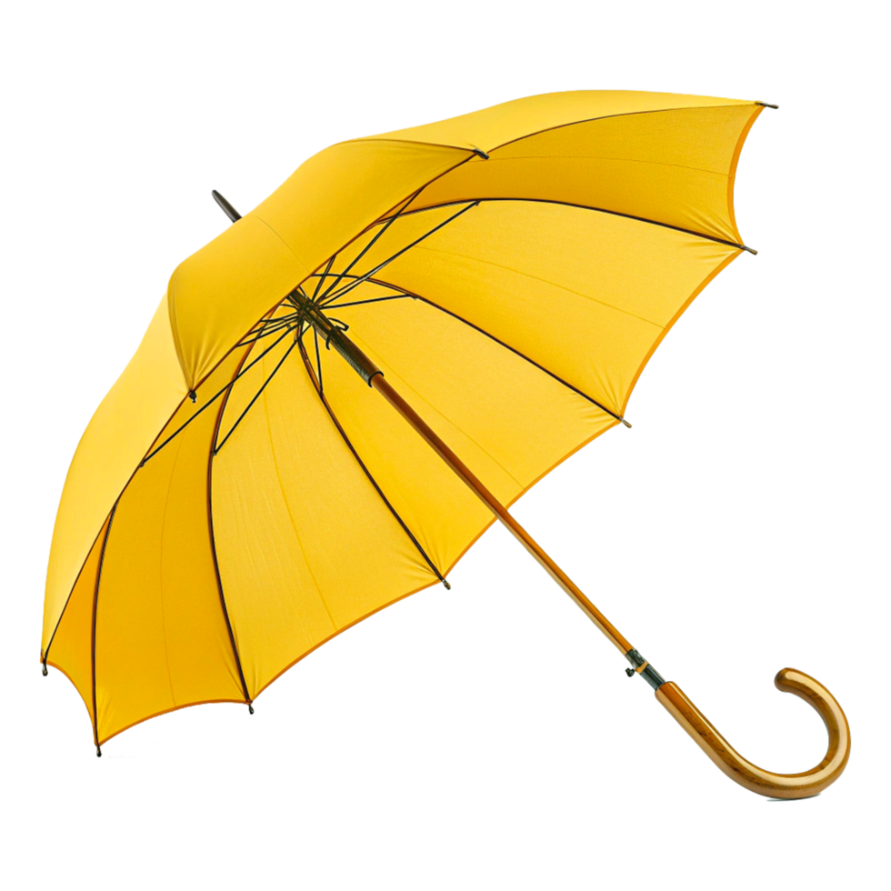 Bright Yellow Umbrella with Wooden Handle and Open Canopy png