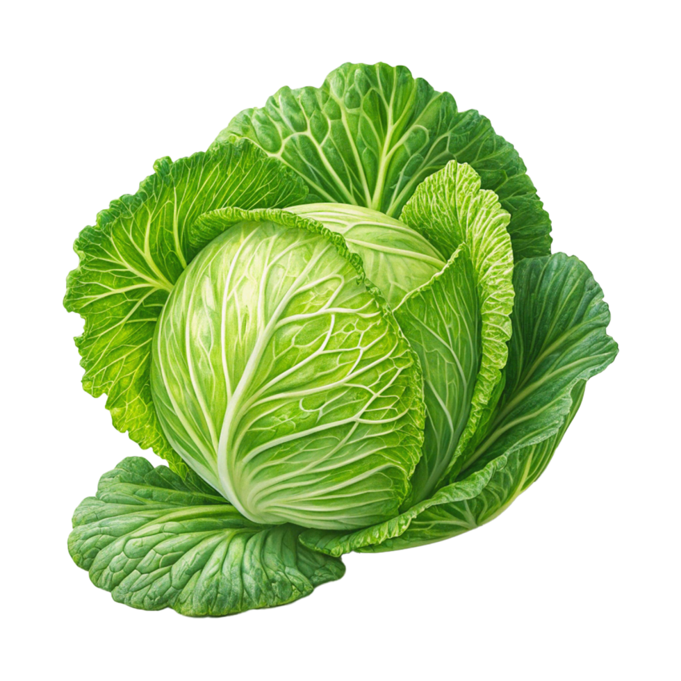 Photorealistic Cabbage with Vibrant Green Textured Leaves on White Background png