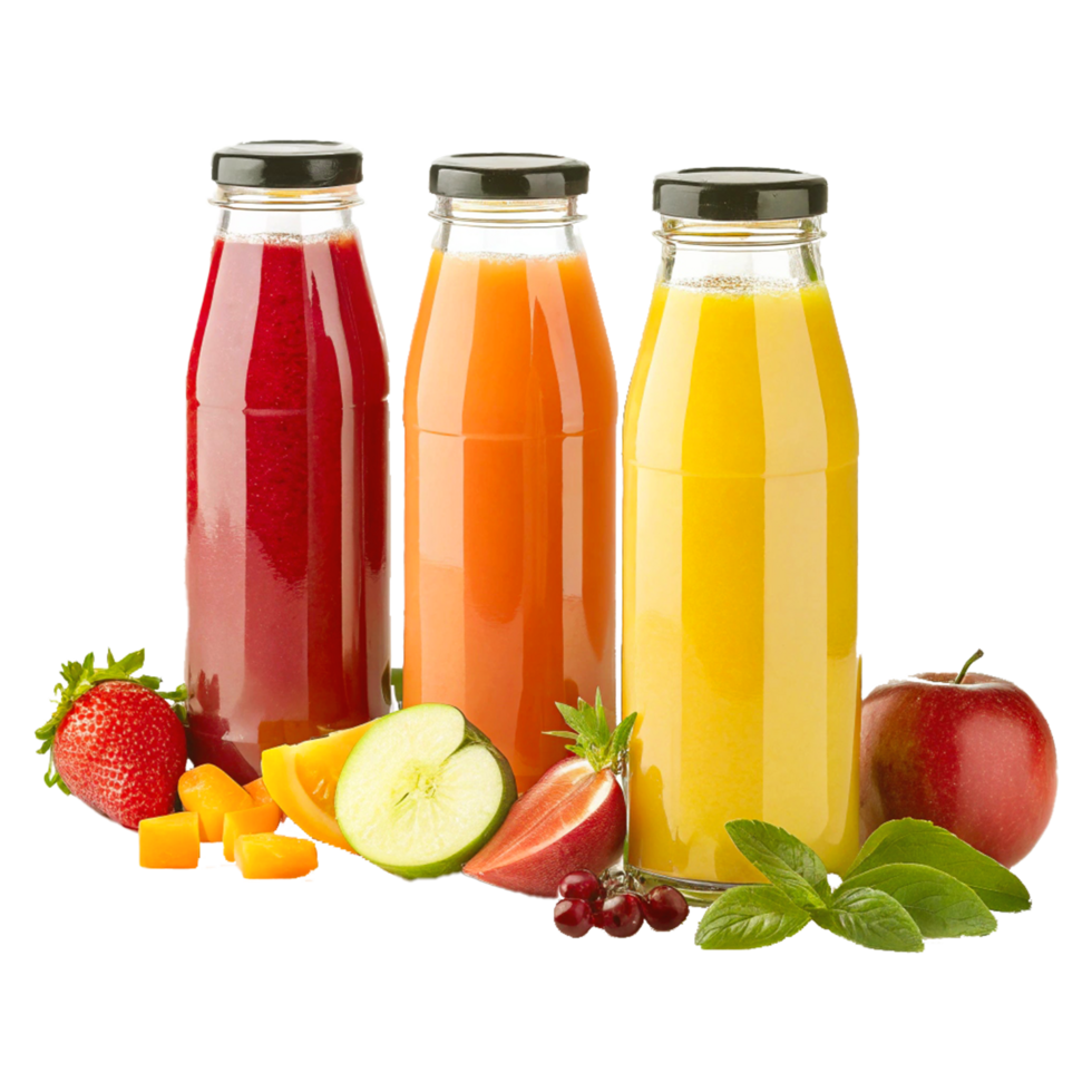 Colorful Juice Bottles with Fresh Fruit Assortment in High Resolution Product Photography png