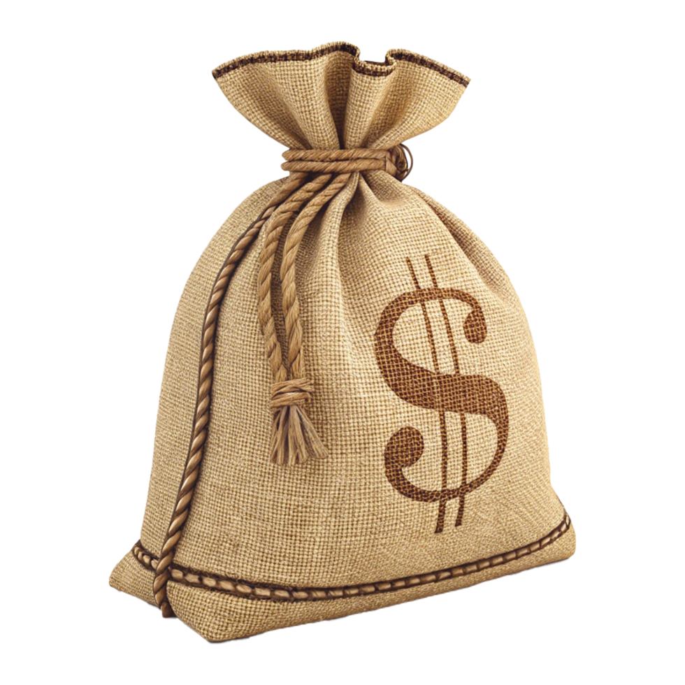 Burlap Money Bag with Dollar Sign and Rope Tie Isolated on White Background png