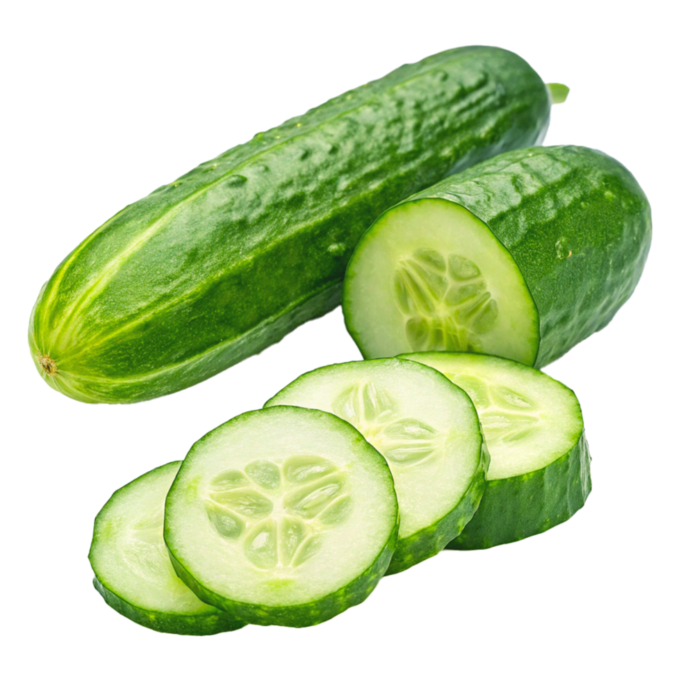 Fresh Cucumbers Whole and Sliced with Crisp Texture in Macro Food Photography png