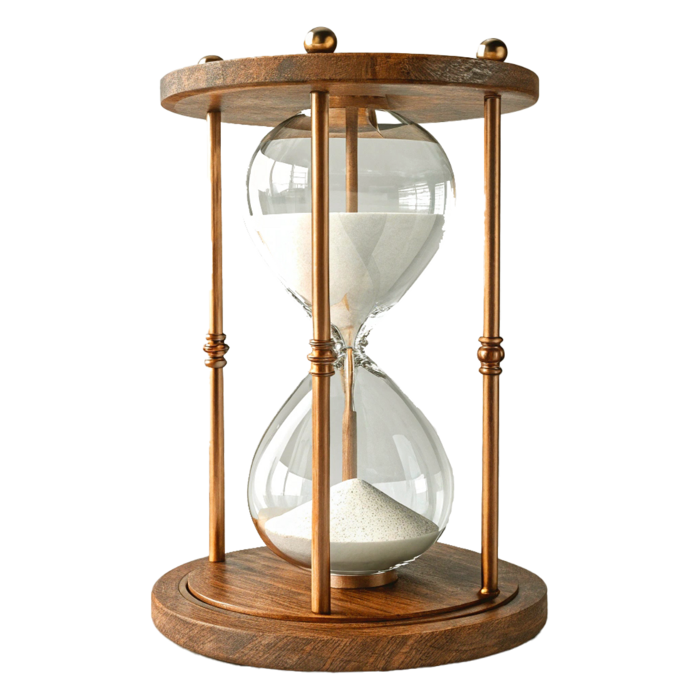 Antique Wooden Hourglass with Ornate Brass Fittings and Flowing Sand png