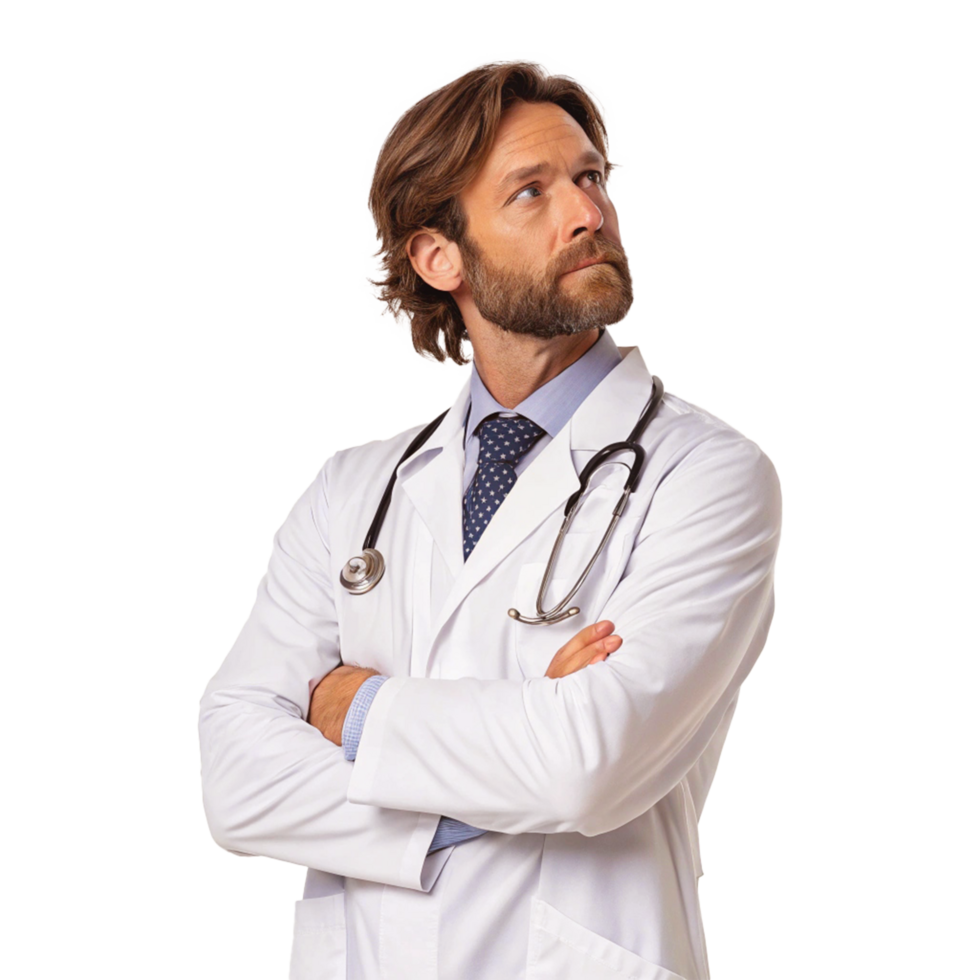 Confident Bearded Doctor in White Coat with Stethoscope and Serious Expression in Professional Studio Portrait png