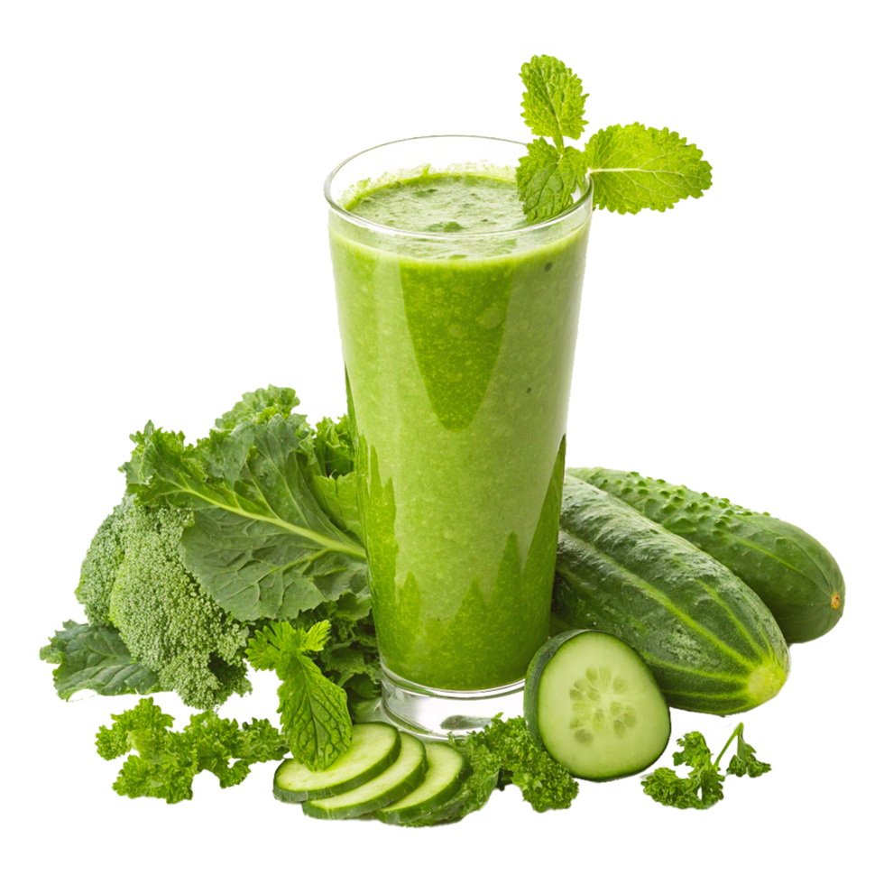 Vibrant Green Smoothie with Fresh Vegetables Kale Cucumber and Mint Leaves in Glass png