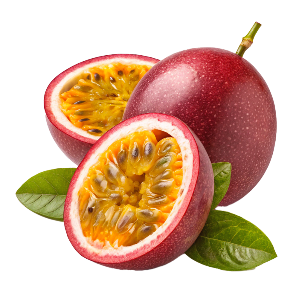 Photorealistic Passion Fruit with Vibrant Magenta Exterior and Juicy Pulp in High Resolution Food Photography png