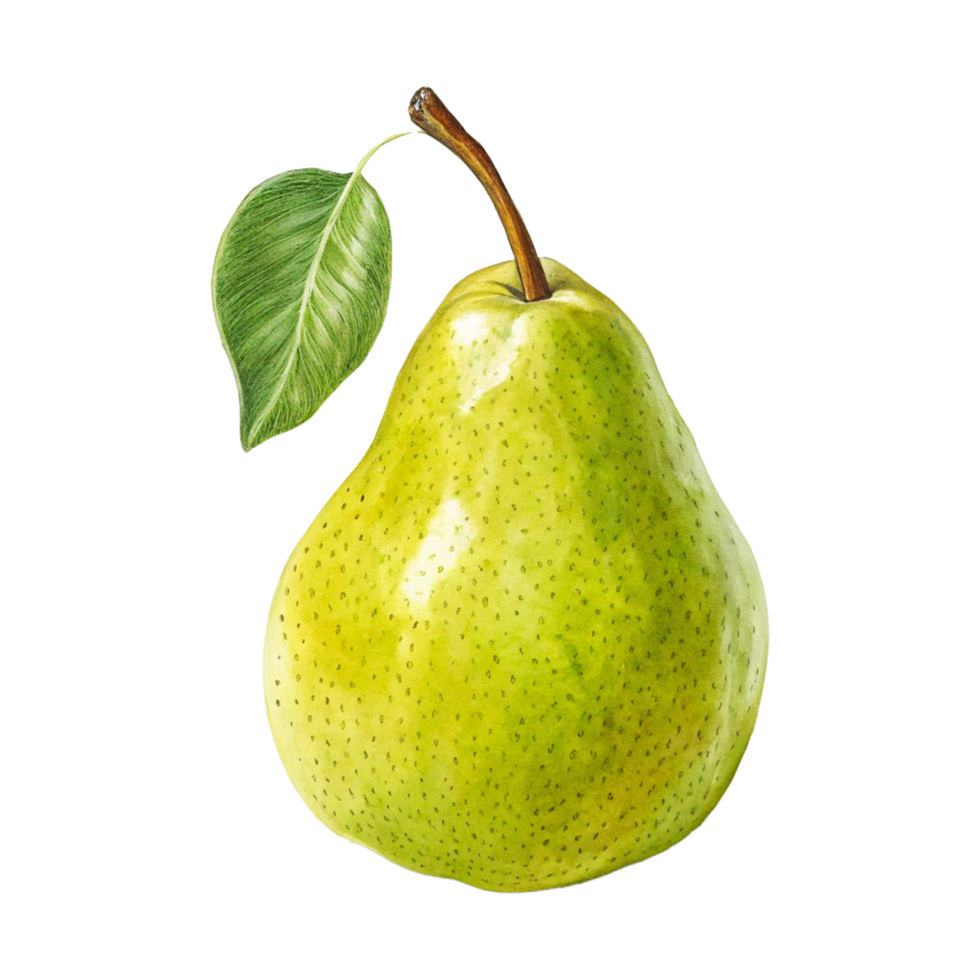 Photorealistic Green Pear with Glossy Skin and Single Leaf in High Resolution Botanical Photography png