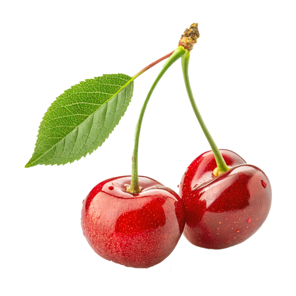 Photorealistic Cherries with Glossy Skin and Green Stems in High Detail Food Photography png