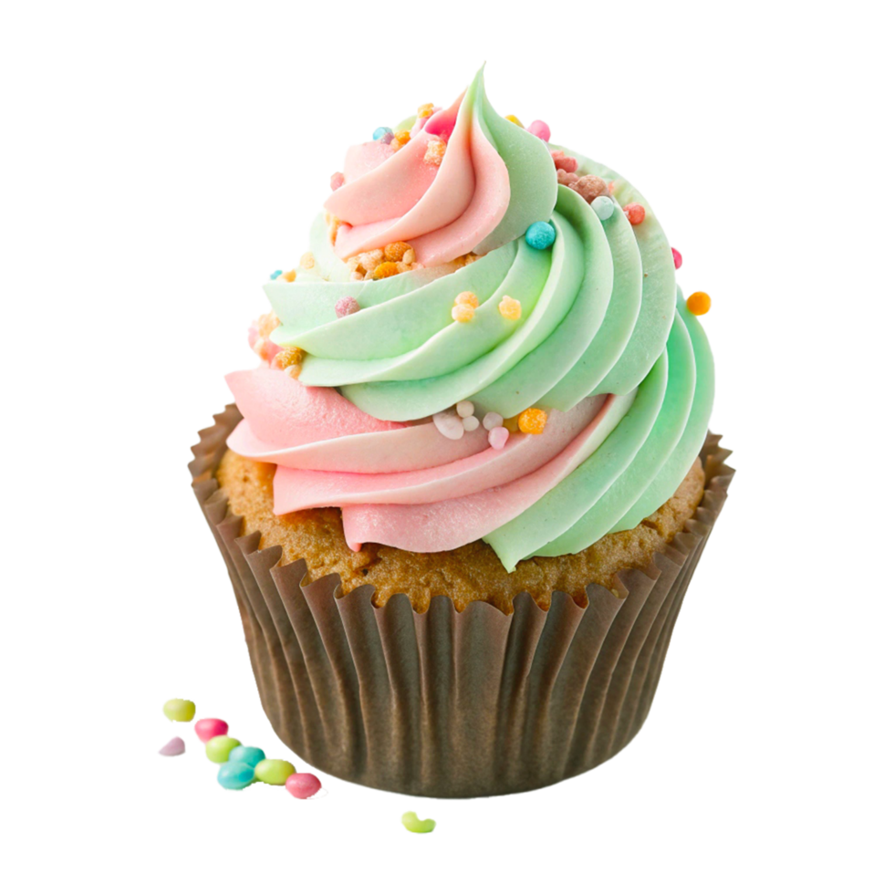 Colorful Cupcake with Pastel Swirled Frosting and Rainbow Sprinkles in High Resolution Food Photography png