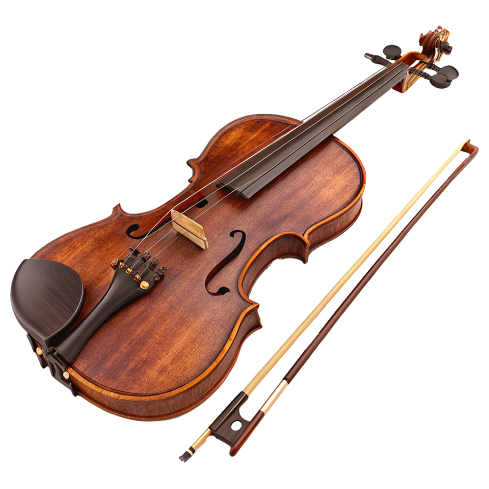 Classic Wooden Violin with Rich Brown Varnish and Ornate Scroll in Photorealistic Detail png