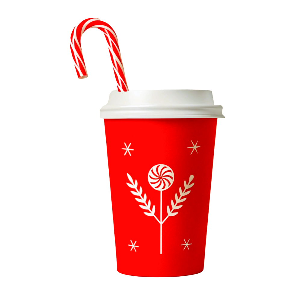 Festive Red Coffee Cup with Candy Cane and Peppermint Lollipop Motif png