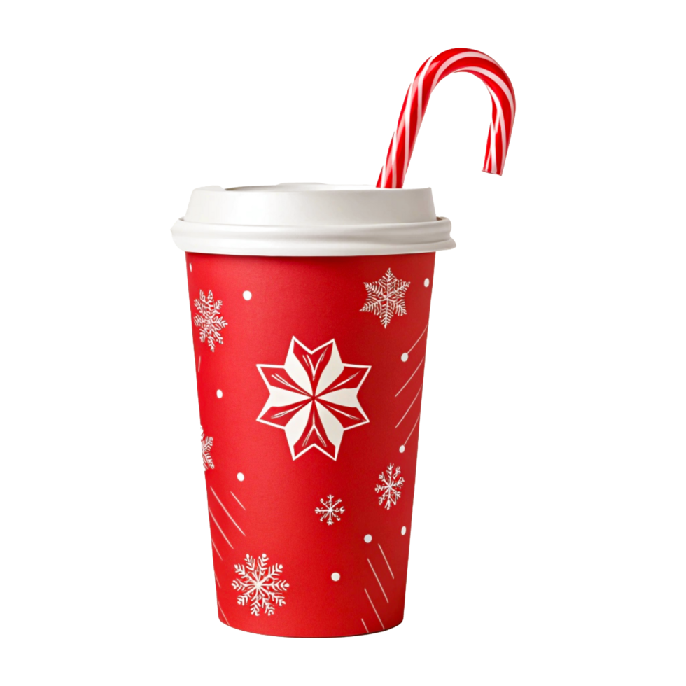 Red Festive Coffee Cup with Snowflake Pattern and Candy Cane Holiday Beverage png