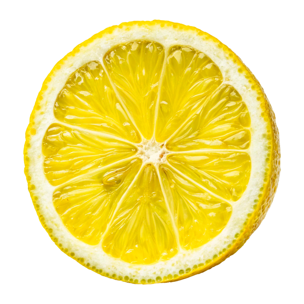 Close-up of Vibrant Yellow Lemon Slice with Juicy Pulp and Textured Rind png