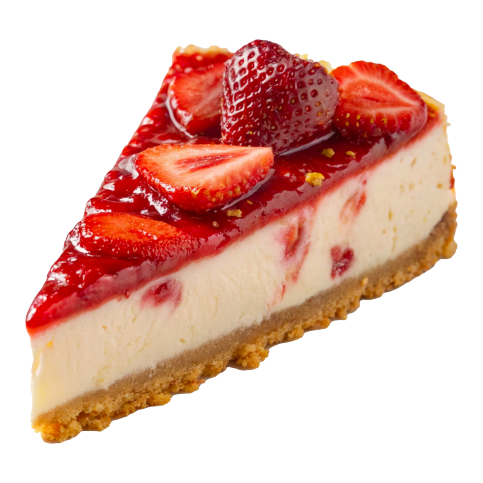 Delicious Slice of Strawberry Cheesecake with Vibrant Red Strawberry Topping png