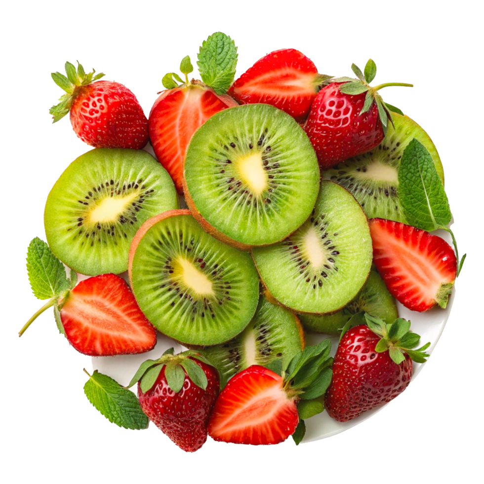 Vibrant Fruit Platter with Sliced Kiwi and Strawberries, Fresh and Juicy png