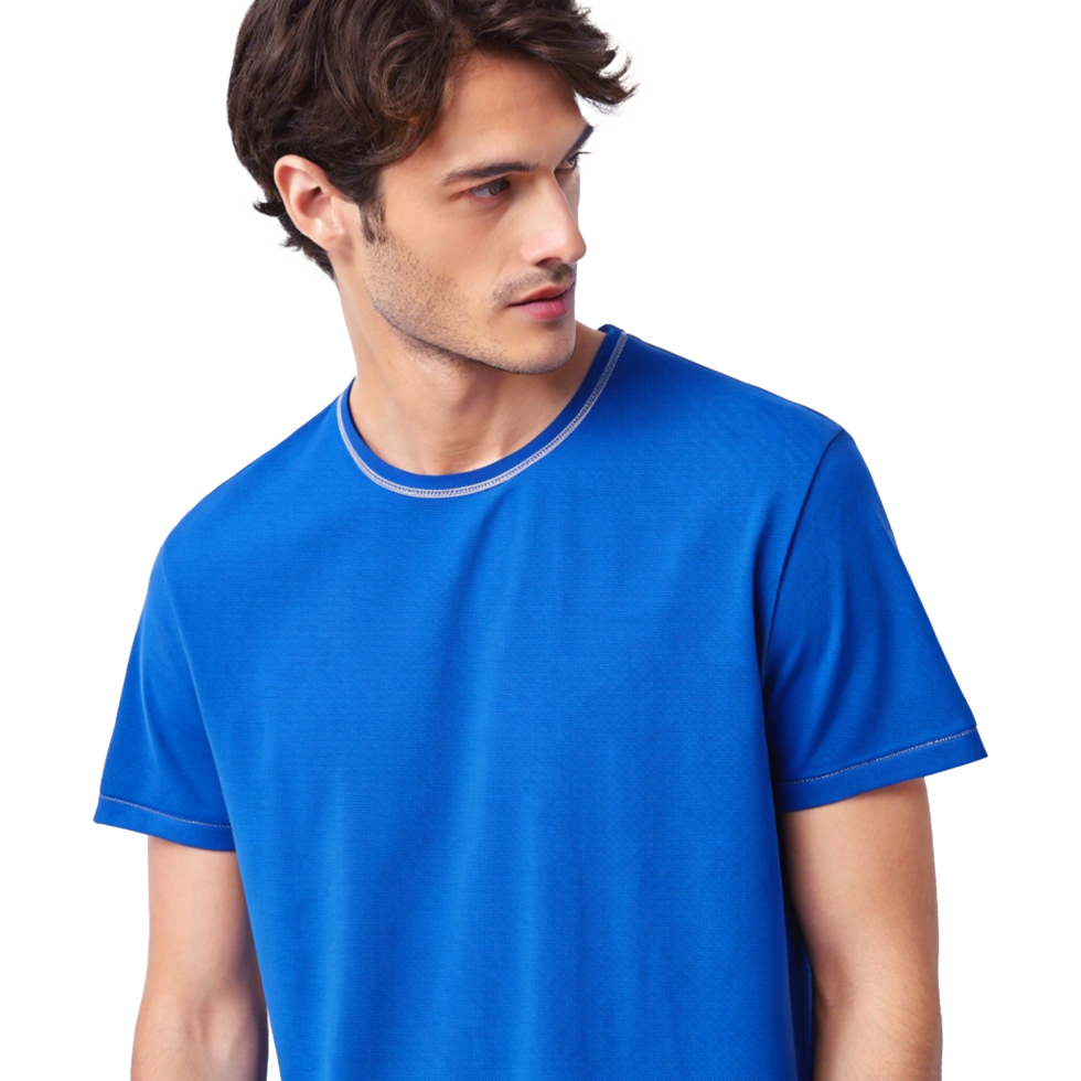 Stylish Male Model in Bright Blue T-Shirt Side Profile Fashion Photography png