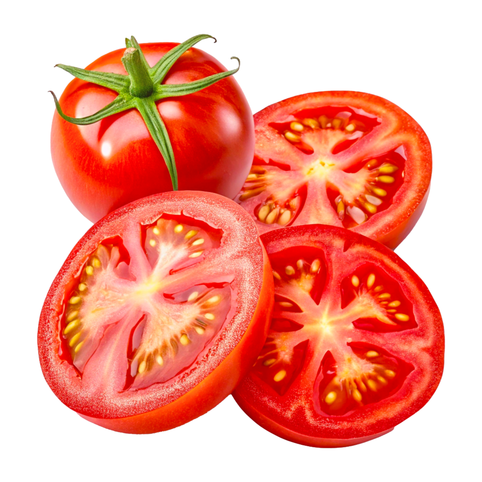 Fresh Ripe Red Tomatoes with Juicy Slices and Green Stems on White Background png