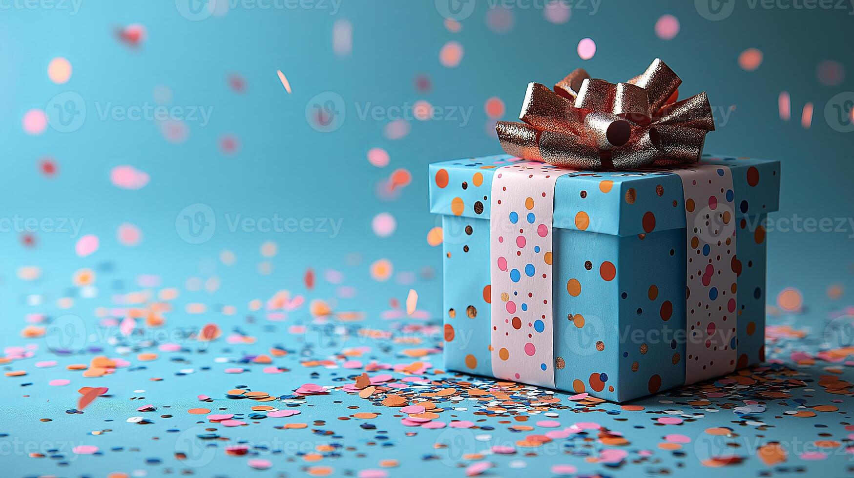A festive blue gift box adorned with colorful confetti and a golden bow, set against a matching blue background, perfect for celebrations and joyful occasions. photo
