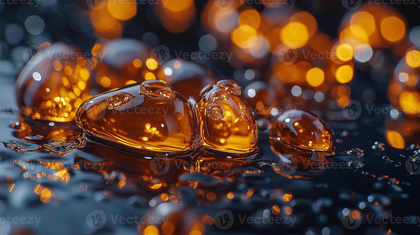 Macro shot of golden amber droplets illuminated by warm light, showcasing rich texture and translucency. Concept of natural materials and luxury. High quality illustration photo