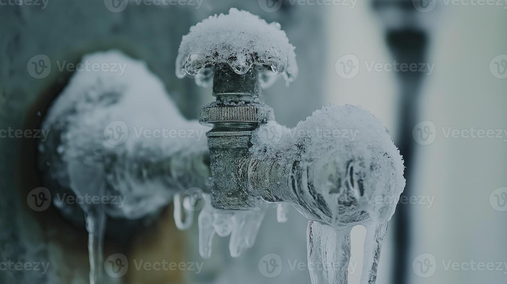 Frozen outdoor water faucet covered in layers of ice and frost. Concept of cold weather and wintertime challenges. High quality illustration photo