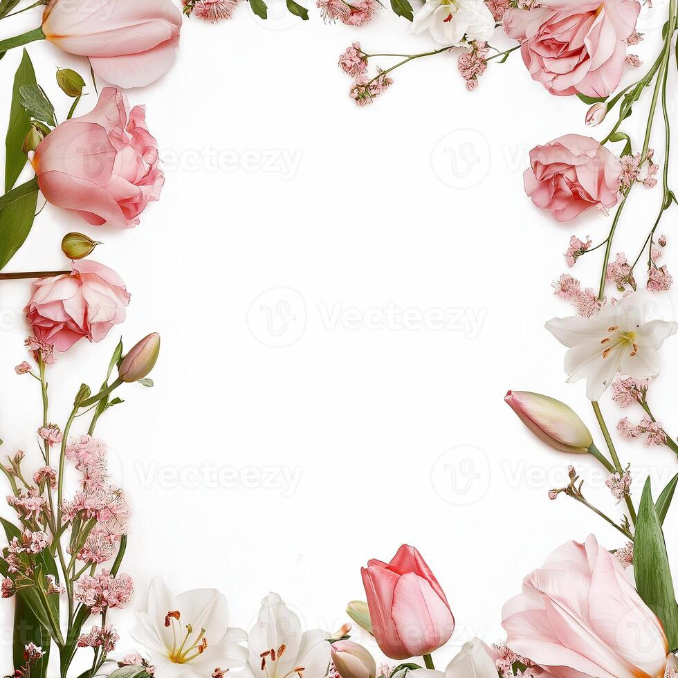 A beautiful border of pink roses, tulips, and white lilies creating a delicate floral frame, perfect for invitations or seasonal designs photo