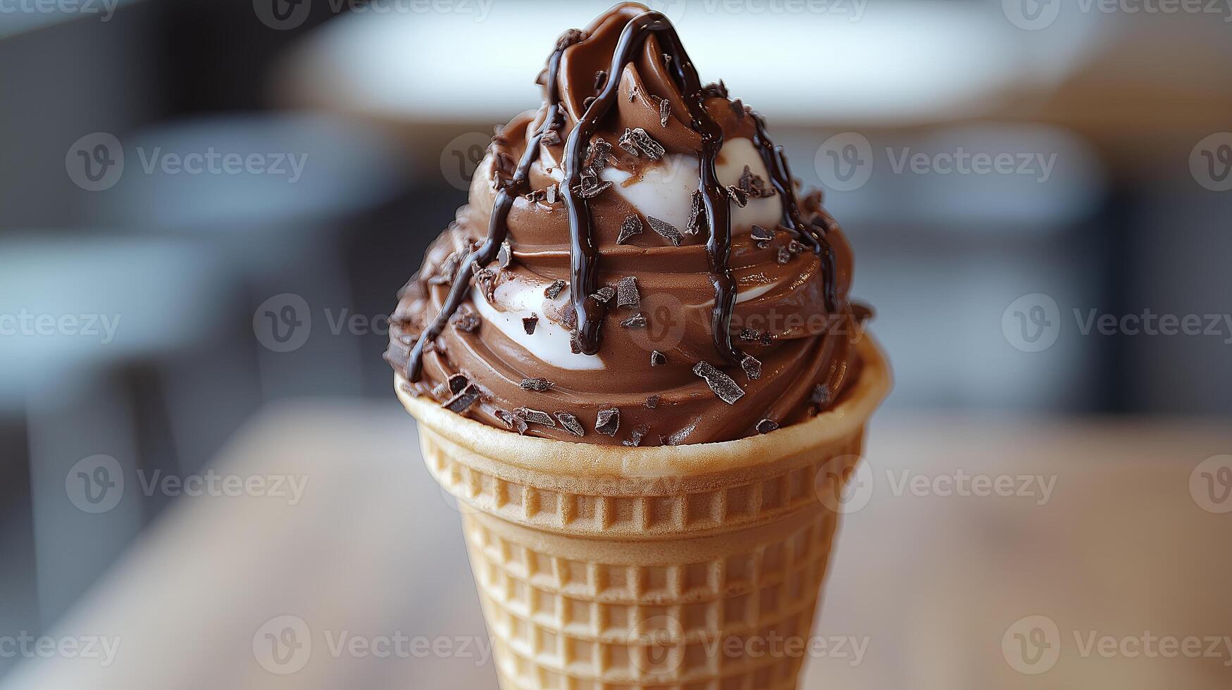A creamy chocolate soft serve ice cream cone drizzled with rich chocolate sauce, perfect for dessert lovers photo