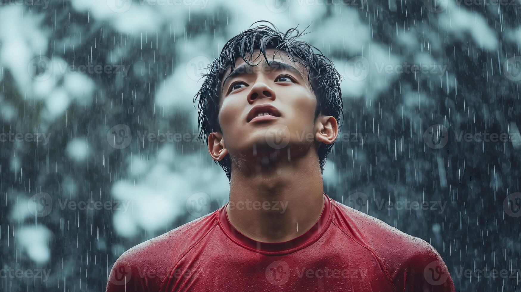 Portrait of a man in a red shirt looking upward in the rain. Concept of resilience and introspection during challenging moments. High quality illustration photo
