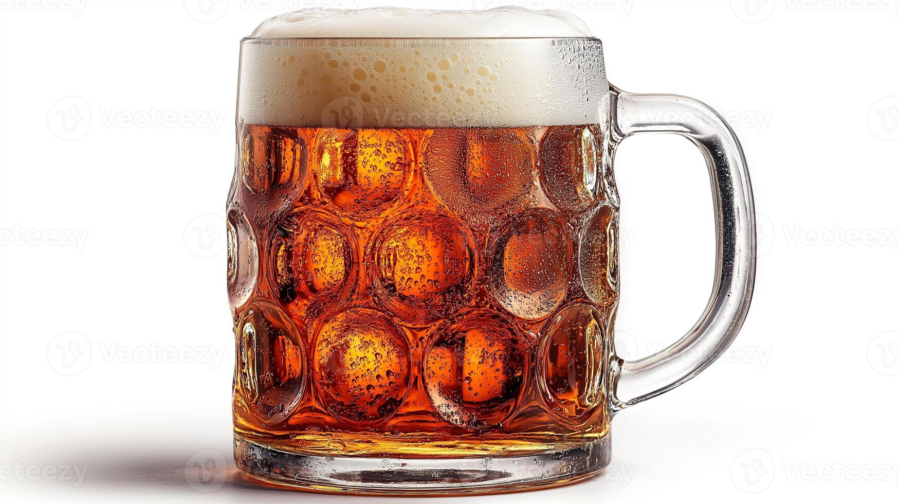 A refreshing frothy beer mug filled to the brim with fresh cold lager, set against a clean white background, perfect for beverage promotions. photo